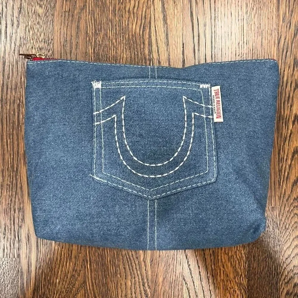true religion cosmetics jean bag blue denim / navy makeup bag toiletry